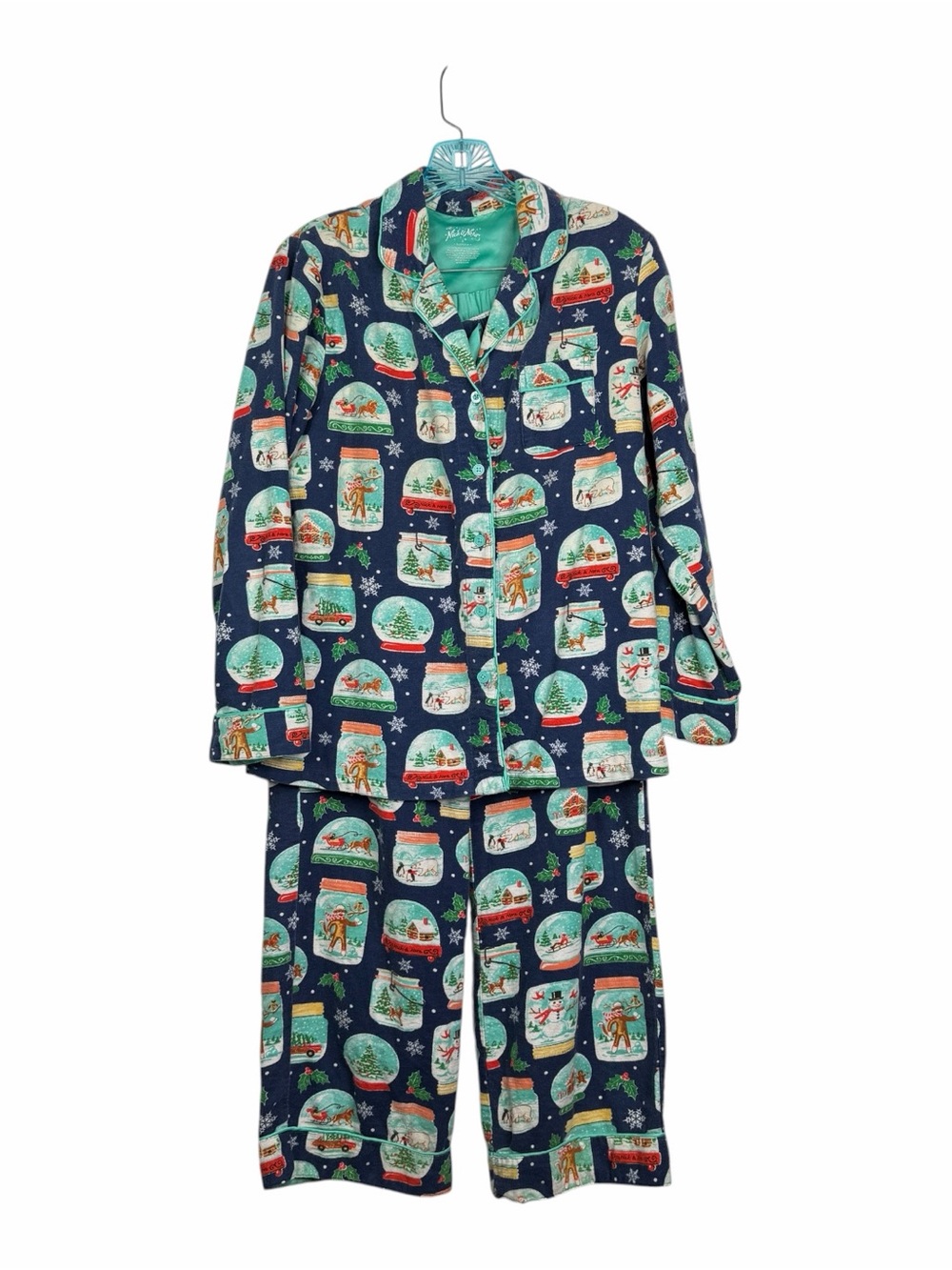 Nick & Nora Cotton Pajama Set Blue Sock Monkey Christmas Snowglobe Top Pants S